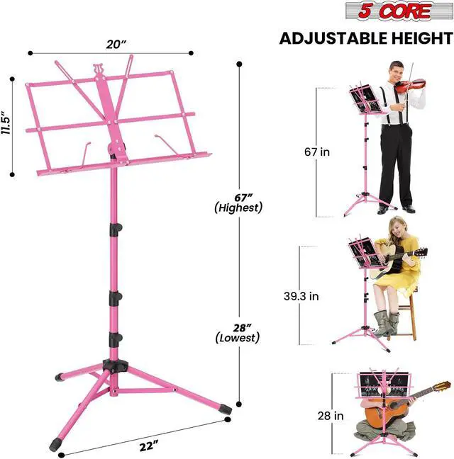 Alt view image 5 of 8 - 5 Core Music Stand 2 in 1 Dual Use Sheet Music Professional Portable Adjustable 27.6-67 Inch Folding Music Note Holder Tripod Stands Pink MUS FLD 4S PNK