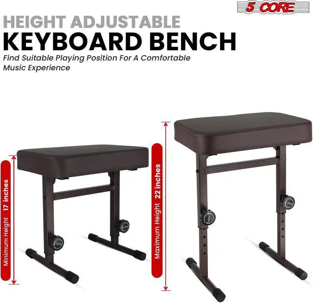Alt view image 2 of 8 - 5 CORE Keyboard Bench Piano Stool T Style Brown Thick Padded Cushion Seat | Height Adjustable 17 to 22 inch | Keyboard Chair (PU Leather) - KBB H-ADJ BR