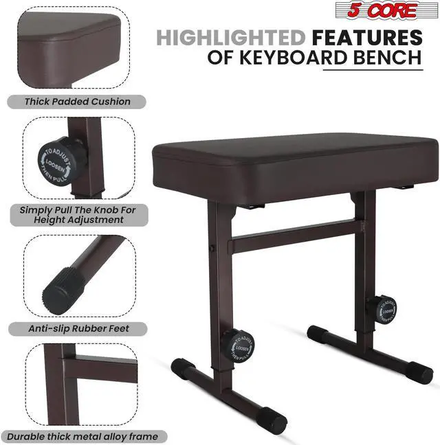 Alt view image 4 of 8 - 5 CORE Keyboard Bench Piano Stool T Style Brown Thick Padded Cushion Seat | Height Adjustable 17 to 22 inch | Keyboard Chair (PU Leather) - KBB H-ADJ BR