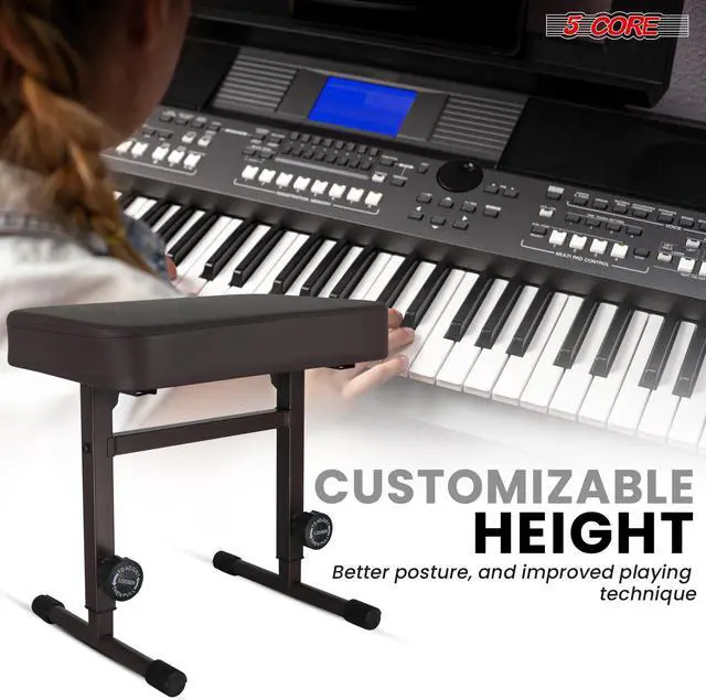 Alt view image 6 of 8 - 5 CORE Keyboard Bench Piano Stool T Style Brown Thick Padded Cushion Seat | Height Adjustable 17 to 22 inch | Keyboard Chair (PU Leather) - KBB H-ADJ BR