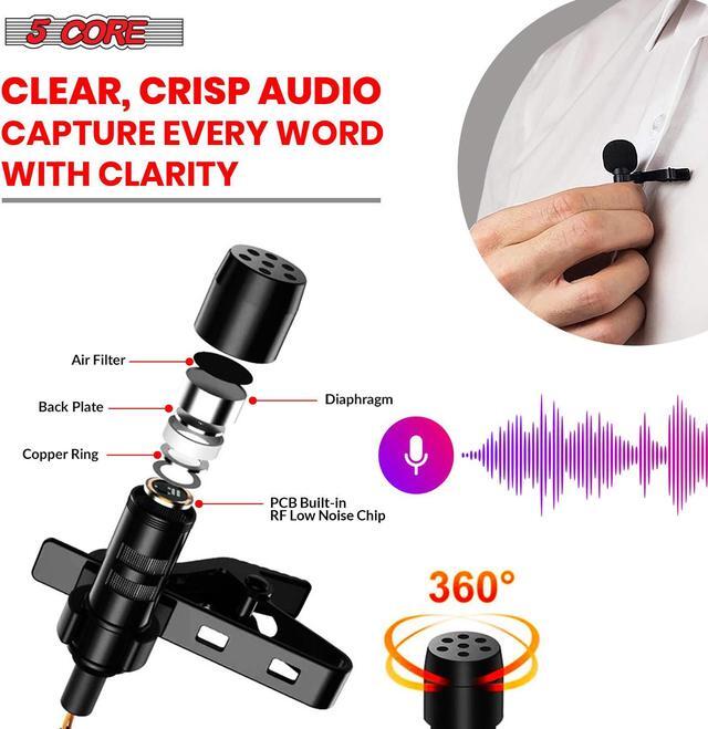 Alt view image 2 of 15 - 5 Core Premium Lavalier Microphone Lapel Clip-on Mini Wired Omnidirectional Condenser Mic for Podcasting, Recording, Vlogging, Android, Smartphone, DSLR, Camera, Computer, Laptop