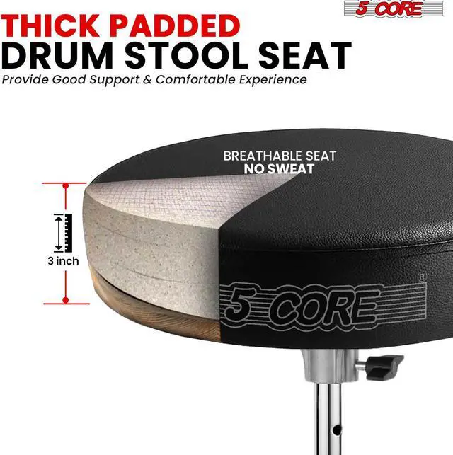 Alt view image 2 of 8 - 5 Core Drum Throne 3 Inch Thick Padded Comfortable Guitar Stool Double Braced Drummer Chair Height Adjustable Musician Seat For Adults And Kids Black - DS BLKCH BLK
