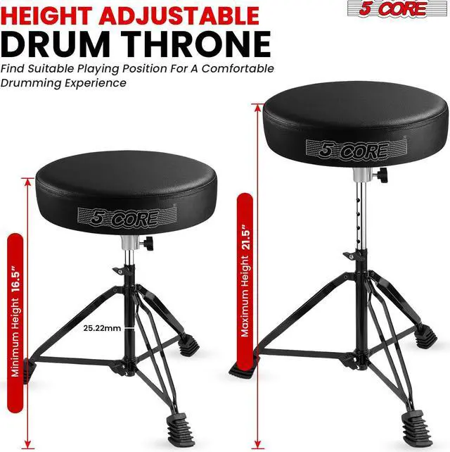 Alt view image 3 of 8 - 5 Core Drum Throne 3 Inch Thick Padded Comfortable Guitar Stool Double Braced Drummer Chair Height Adjustable Musician Seat For Adults And Kids Black - DS BLKCH BLK