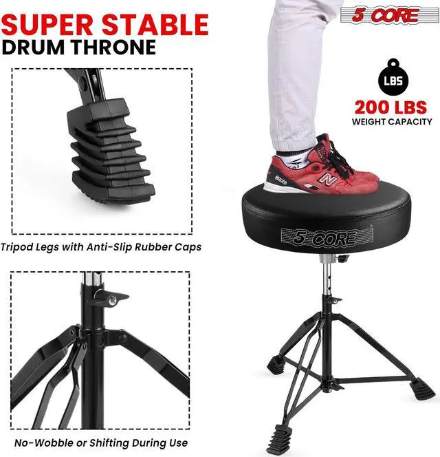 Alt view image 5 of 8 - 5 Core Drum Throne 3 Inch Thick Padded Comfortable Guitar Stool Double Braced Drummer Chair Height Adjustable Musician Seat For Adults And Kids Black - DS BLKCH BLK