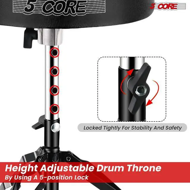 Alt view image 7 of 8 - 5 Core Drum Throne 3 Inch Thick Padded Comfortable Guitar Stool Double Braced Drummer Chair Height Adjustable Musician Seat For Adults And Kids Black - DS BLKCH BLK