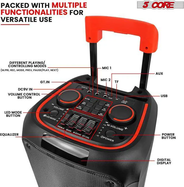 Alt view image 3 of 7 - 5 Core Bluetooth Party Speaker 8 inch PA RGB Party box Karaoke Machine + 2 Wireless Mic