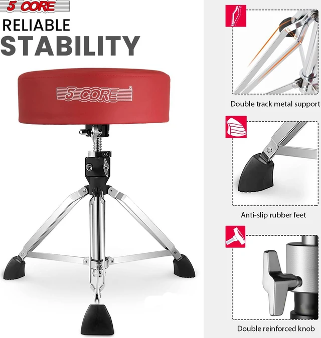 Alt view image 7 of 7 - 5 Core Drum Throne Comfortable Height Adjustable Stool Thick Padded Seat Professional Heavy Duty Musician Drummer Chair 400 lbs Capacity for Adults And Kids - DS CH RED PR HD