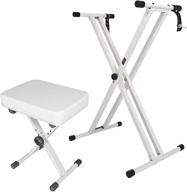 Main image of 5 Core Keyboard Stand Double X Style Adjustable Piano Riser + Keyboard Piano Bench WHITE