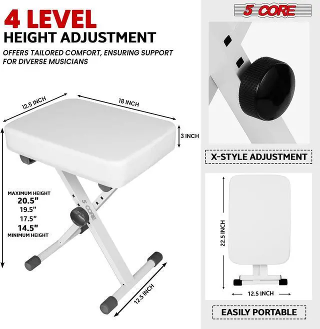 Alt view image 3 of 8 - 5 Core Keyboard Stand Double X Style Adjustable Piano Riser + Keyboard Piano Bench WHITE