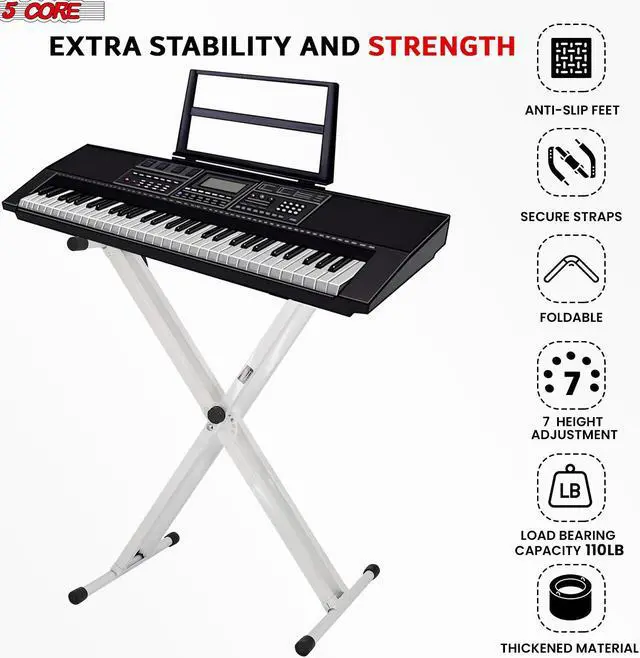Alt view image 4 of 8 - 5 Core Keyboard Stand Double X Style Adjustable Piano Riser + Keyboard Piano Bench WHITE