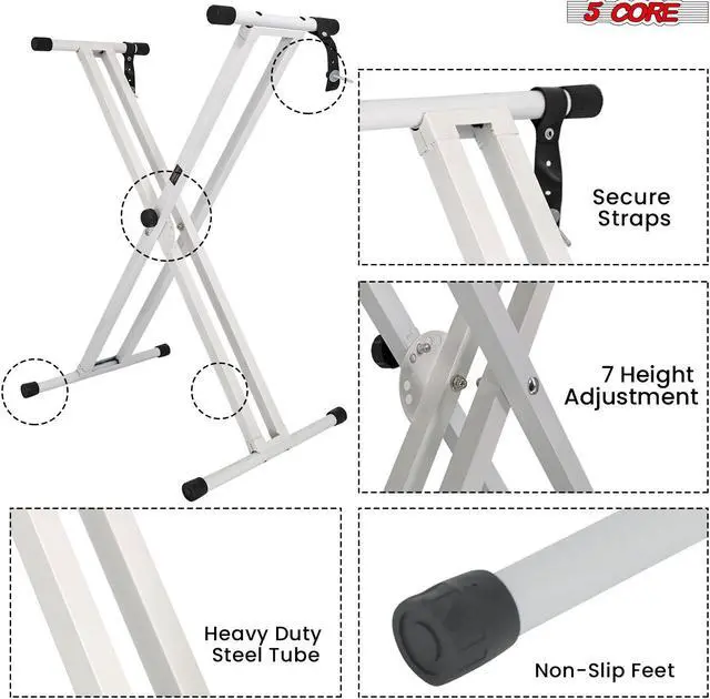 Alt view image 7 of 8 - 5 Core Keyboard Stand Double X Style Adjustable Piano Riser + Keyboard Piano Bench WHITE