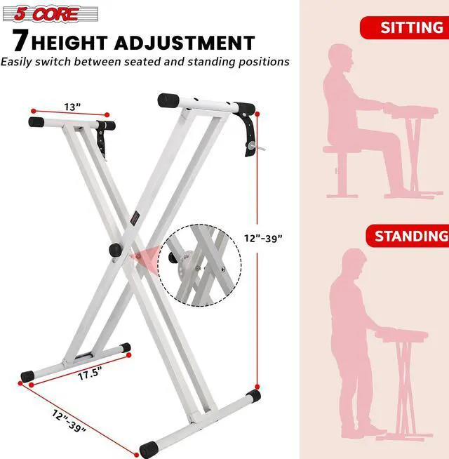 Alt view image 2 of 8 - 5 Core Keyboard Stand Double X Style Adjustable Piano Riser + Keyboard Piano Bench WHITE