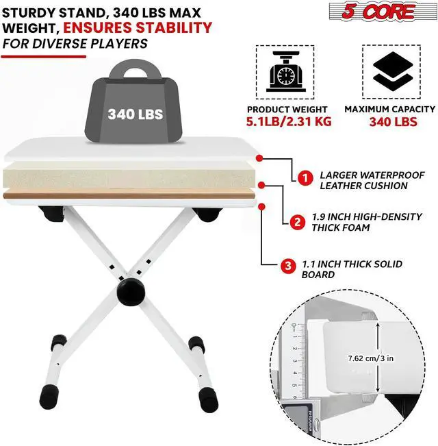 Alt view image 5 of 8 - 5 Core Keyboard Stand Double X Style Adjustable Piano Riser + Keyboard Piano Bench WHITE