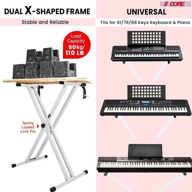 Alt view image 6 of 8 - 5 Core Keyboard Stand Double X Style Adjustable Piano Riser + Keyboard Piano Bench WHITE