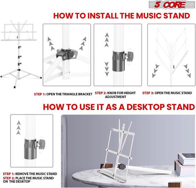 Alt view image 5 of 7 - 5 Core Music Stand For Sheet Music Portable Tripod Adjustable Folding Note Holder Higher White