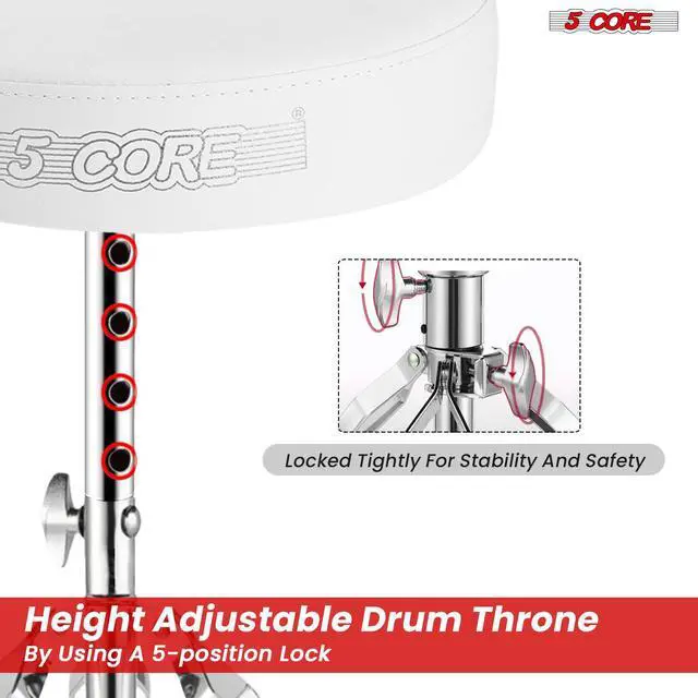 Alt view image 8 of 11 - 5 Core Drum Throne Height Adjustable Guitar Stool Thick Padded DJ Chair Seat with Anti Slip Feet Multipurpose Musician Chair for Adults and Kids Drummer Cello Guitar Player - DS CH WH