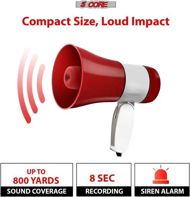 Alt view image 2 of 8 - 5 Core Megaphone Bullhorn Speaker 30W Bull Horn Rechargeable Mini Cheer Megafono 800 Yards Range Loudspeaker W Siren Recording Ergonomic Handle for Coaches Football Baseball Cheerleading