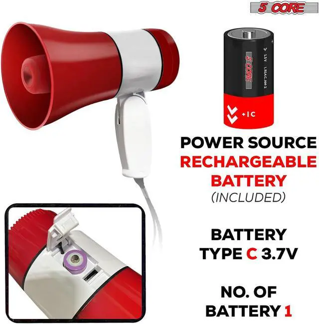 Alt view image 3 of 8 - 5 Core Megaphone Bullhorn Speaker 30W Bull Horn Rechargeable Mini Cheer Megafono 800 Yards Range Loudspeaker W Siren Recording Ergonomic Handle for Coaches Football Baseball Cheerleading