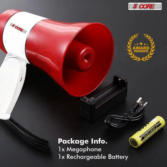 Alt view image 5 of 8 - 5 Core Megaphone Bullhorn Speaker 30W Bull Horn Rechargeable Mini Cheer Megafono 800 Yards Range Loudspeaker W Siren Recording Ergonomic Handle for Coaches Football Baseball Cheerleading