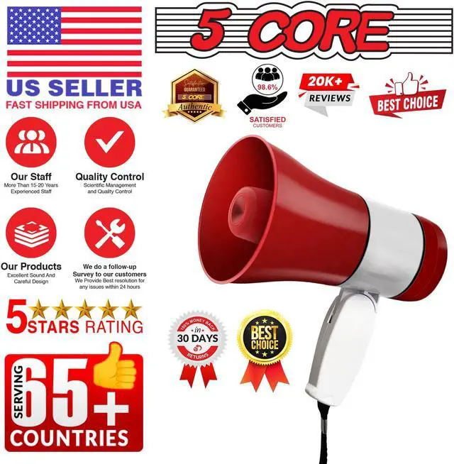 Alt view image 7 of 8 - 5 Core Megaphone Bullhorn Speaker 30W Bull Horn Rechargeable Mini Cheer Megafono 800 Yards Range Loudspeaker W Siren Recording Ergonomic Handle for Coaches Football Baseball Cheerleading