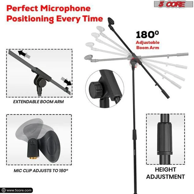 Alt view image 4 of 7 - 5 Core Tripod Mic Stand 4Pcs Heavy Duty Adjustable Holder Floor Microphone Boom Arm BLACK