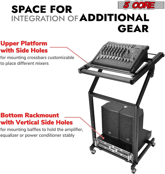 Alt view image 2 of 7 - 5 Core 9U Professional Audio Rack Mount DJ Mixer Stand Studio Adjustable Table Cart with Wheels - RACK STAND 9U