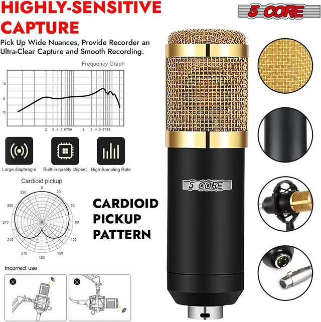 Alt view image 2 of 7 - 5 Core Recording Microphone Podcast Bundle  Professional Condenser Cardioid Mic Kit  w Boom Arm RM 8 BG