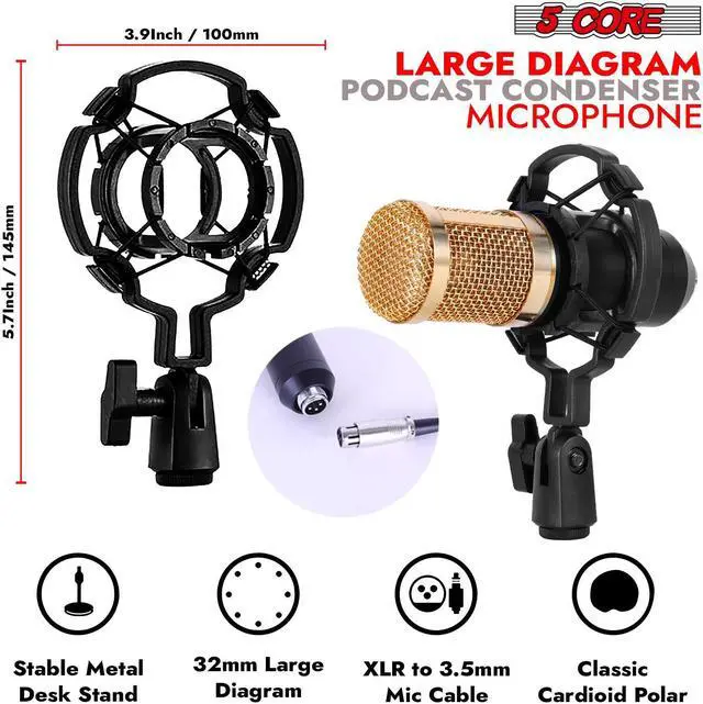 Alt view image 5 of 7 - 5 Core Recording Microphone Podcast Bundle  Professional Condenser Cardioid Mic Kit  w Boom Arm RM 8 BG