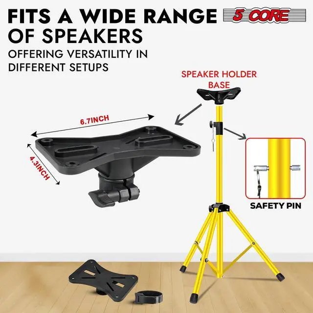 Alt view image 3 of 7 - 5 Core Speaker Stand Tripod Floor Heavy Duty Adjustable Up to 72 Inch DJ Studio kanto Monitor Stands Pole Mount - SS HD 1 PK YLW BAG