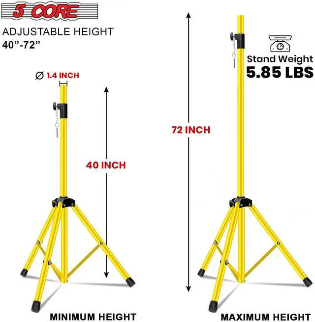 Alt view image 2 of 7 - 5 Core Speaker Stand Pair Tripod Floor Heavy Duty Adjustable Up to 72 Inch DJ Studio Monitor Stands Pole Mount - SS HD 2 PK YLW BAG