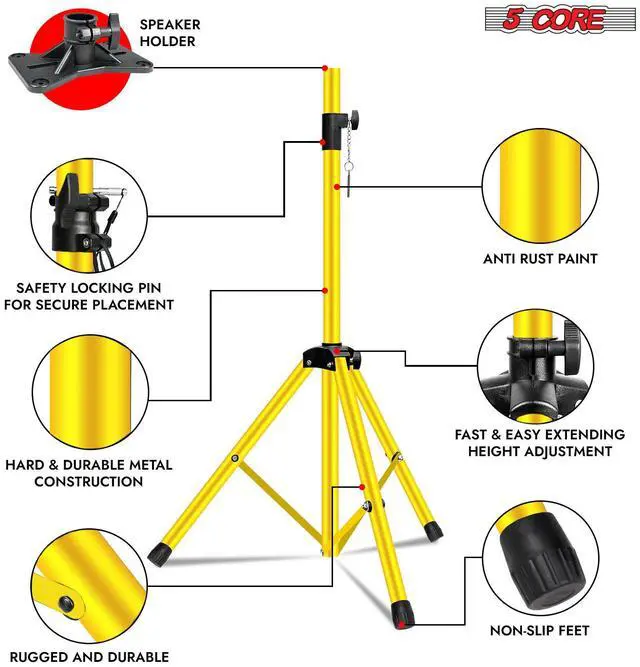 Alt view image 6 of 7 - 5 Core Speaker Stand Pair Tripod Floor Heavy Duty Adjustable Up to 72 Inch DJ Studio Monitor Stands Pole Mount - SS HD 2 PK YLW BAG