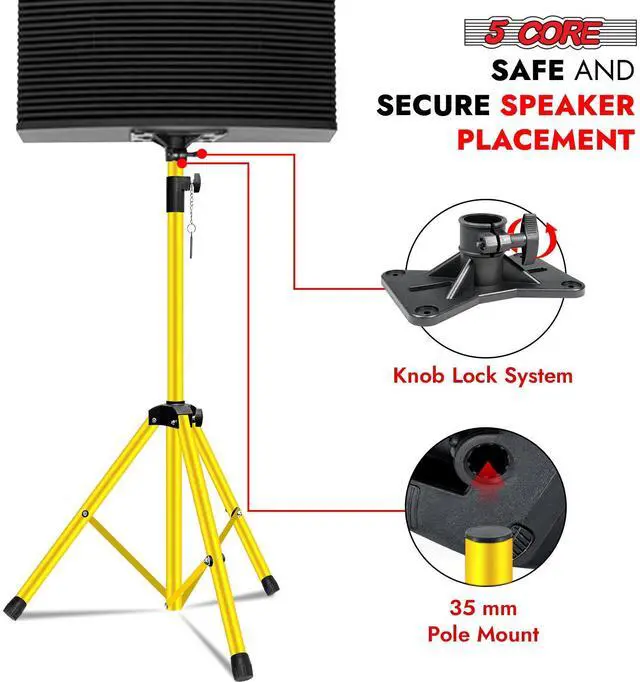 Alt view image 4 of 7 - 5 Core Speaker Stand Pair Tripod Floor Heavy Duty Adjustable Up to 72 Inch DJ Studio Monitor Stands Pole Mount - SS HD 2 PK YLW BAG