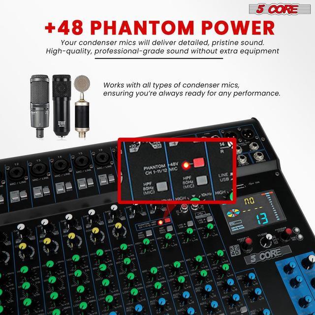 Alt view image 5 of 7 - 5 Core DJ Audio Mixer 24 Channel Professional Stereo Sound Board w 256 digital effects USB Bluetooth 48V Phantom Power Consola De Audio for Studio Recording Podcasting DJ Show - MX 24CH XU