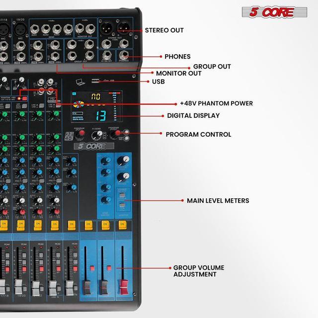Alt view image 7 of 7 - 5 Core DJ Audio Mixer 24 Channel Professional Stereo Sound Board w 256 digital effects USB Bluetooth 48V Phantom Power Consola De Audio for Studio Recording Podcasting DJ Show - MX 24CH XU
