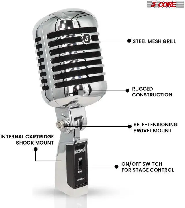 Alt view image 3 of 7 - 5 Core Classic Retro Microphone Dynamic Metal Body Old Vintage Style Unidirectional Cardioid Mic w XLR Input Universal Stand Compatible - RTRO MIC CH BLK