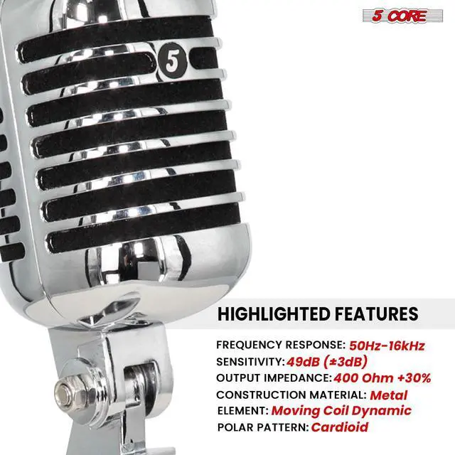 Alt view image 7 of 7 - 5 Core Classic Retro Microphone Dynamic Metal Body Old Vintage Style Unidirectional Cardioid Mic w XLR Input Universal Stand Compatible - RTRO MIC CH BLK
