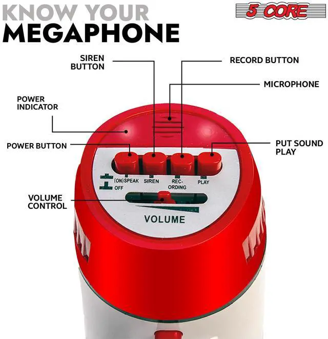 Alt view image 6 of 20 - 5 Core Megaphone Bullhorn Speaker 30W Bull Horn Battery Power Mini Cheer Megafono 800 Feet Range Loudspeaker W Siren Recording Ergonomic Handle for Coaches Football Baseball Cheerleading - 6R