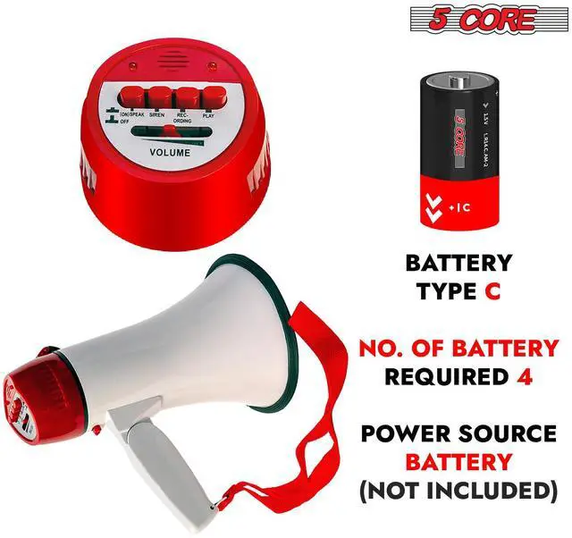 Alt view image 4 of 20 - 5 Core Megaphone Bullhorn Speaker 30W Bull Horn Battery Power Mini Cheer Megafono 800 Feet Range Loudspeaker W Siren Recording Ergonomic Handle for Coaches Football Baseball Cheerleading - 6R
