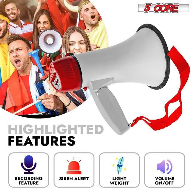 Alt view image 3 of 20 - 5 Core Megaphone Bullhorn Speaker 30W Bull Horn Battery Power Mini Cheer Megafono 800 Feet Range Loudspeaker W Siren Recording Ergonomic Handle for Coaches Football Baseball Cheerleading - 6R