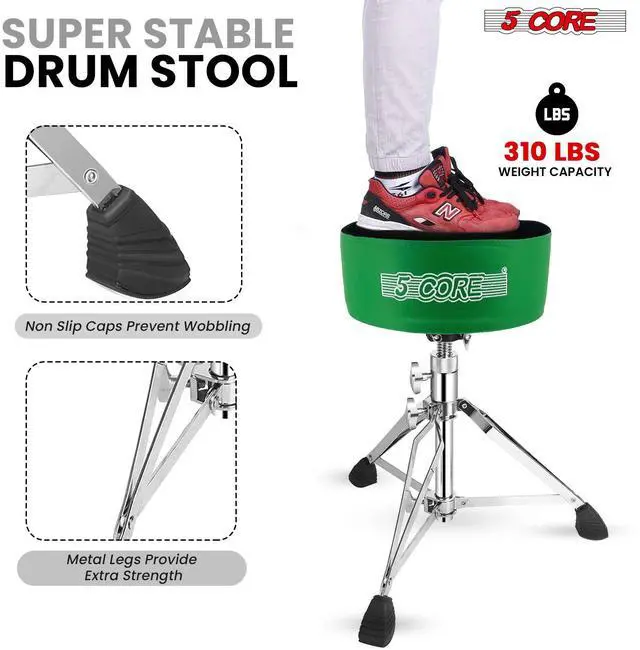 Alt view image 5 of 7 - 5 Core Drum Throne 5" Thick Padded Guitar Stool Swivel Adjustable Heavy Duty Music Chair Seat w Luxurious Velvet Top for Adults & Kids with Anti Slip Rubber Feet Deep Green - DS CH D-GR VEL HD