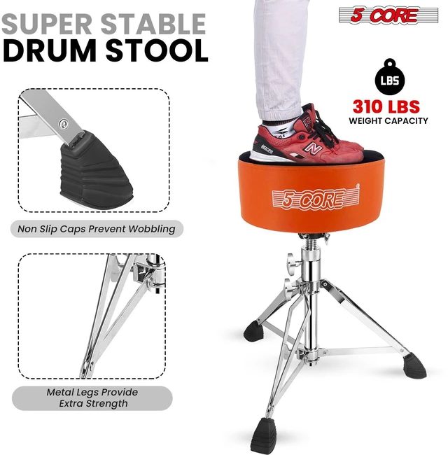 Alt view image 5 of 7 - 5 Core Drum Throne 5" Thick Padded Guitar Stool Swivel Adjustable Heavy Duty Music Chair Seat w Luxurious Velvet Top for Adults & Kids with Anti Slip Rubber Feet Orange - DS CH ORG VEL HD