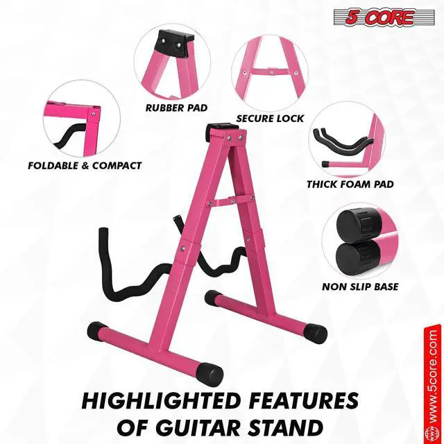 Alt view image 4 of 7 - 5 Core Guitar Stand A Frame Shape w Soft Foam Arms Non Slip Rubber Supports Acoustic Electric Bass Ukulele Banjo Foldable for School Studio Stage Concerts Pink - GSS BPNK 1PC