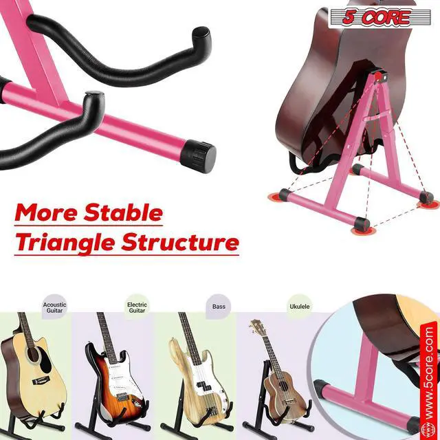 Alt view image 2 of 7 - 5 Core Guitar Stand A Frame Shape w Soft Foam Arms Non Slip Rubber Supports Acoustic Electric Bass Ukulele Banjo Foldable for School Studio Stage Concerts Pink - GSS BPNK 1PC