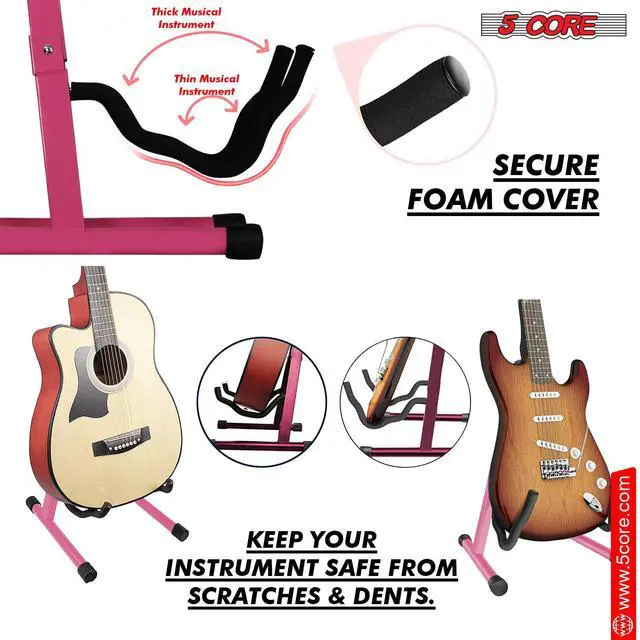 Alt view image 3 of 7 - 5 Core Guitar Stand A Frame Shape w Soft Foam Arms Non Slip Rubber Supports Acoustic Electric Bass Ukulele Banjo Foldable for School Studio Stage Concerts Pink - GSS BPNK 1PC
