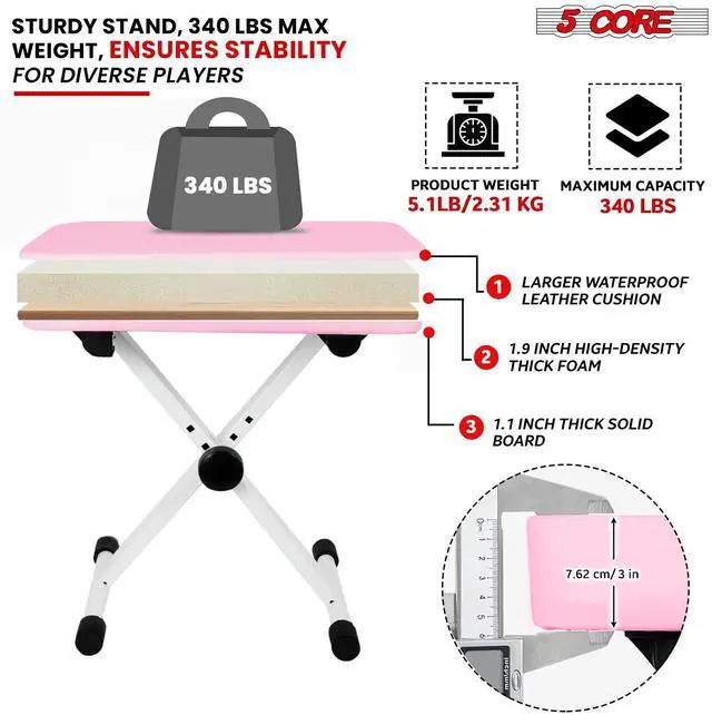 Alt view image 7 of 7 - 5 Core Keyboard Bench 3 Inch Padded Cushioned Piano Stool Height Adjustable Guitar Seat Heavy Duty Folding Portable Musician Chair W Nonslip Rubber Feet Pink - KBB PNK HD