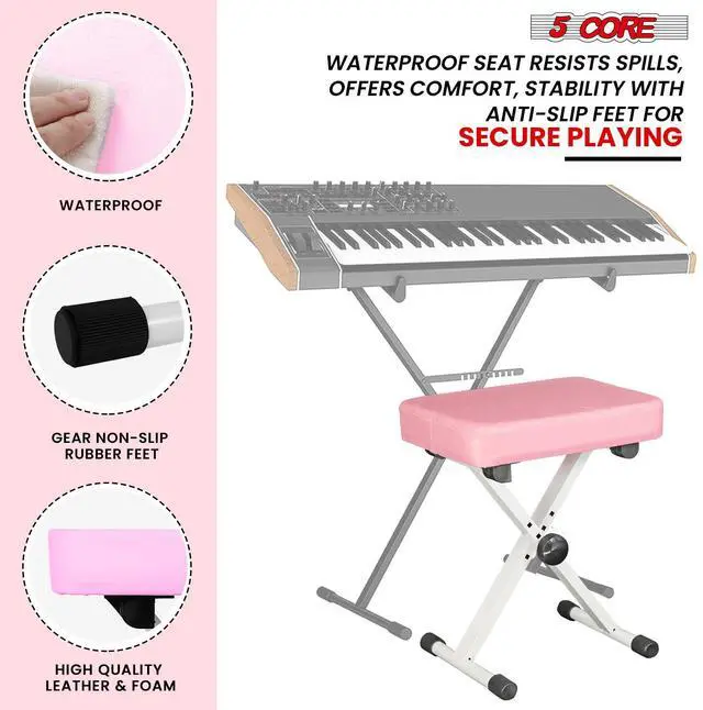Alt view image 4 of 7 - 5 Core Keyboard Bench 3 Inch Padded Cushioned Piano Stool Height Adjustable Guitar Seat Heavy Duty Folding Portable Musician Chair W Nonslip Rubber Feet Pink - KBB PNK HD
