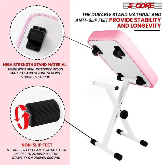 Alt view image 6 of 7 - 5 Core Keyboard Bench 3 Inch Padded Cushioned Piano Stool Height Adjustable Guitar Seat Heavy Duty Folding Portable Musician Chair W Nonslip Rubber Feet Pink - KBB PNK HD