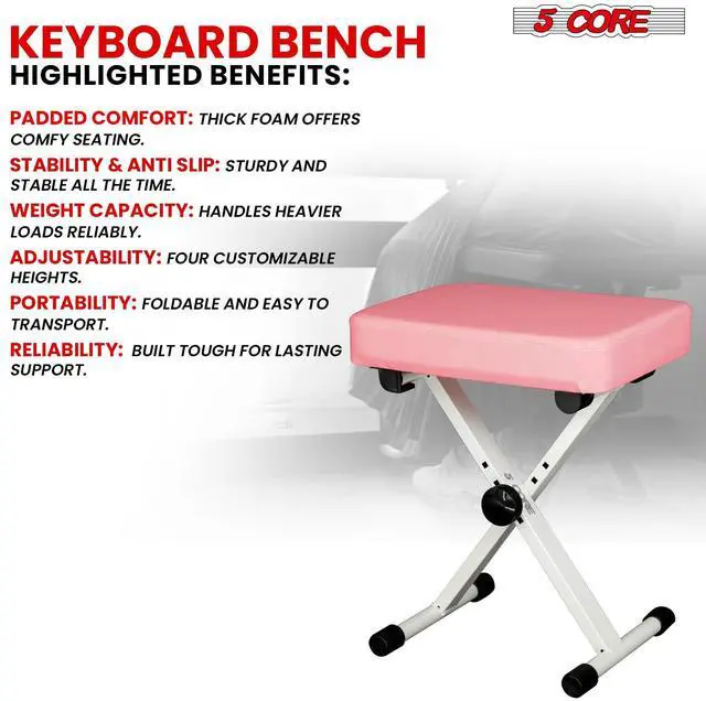 Alt view image 5 of 7 - 5 Core Keyboard Bench 3 Inch Padded Cushioned Piano Stool Height Adjustable Guitar Seat Heavy Duty Folding Portable Musician Chair W Nonslip Rubber Feet Pink - KBB PNK HD