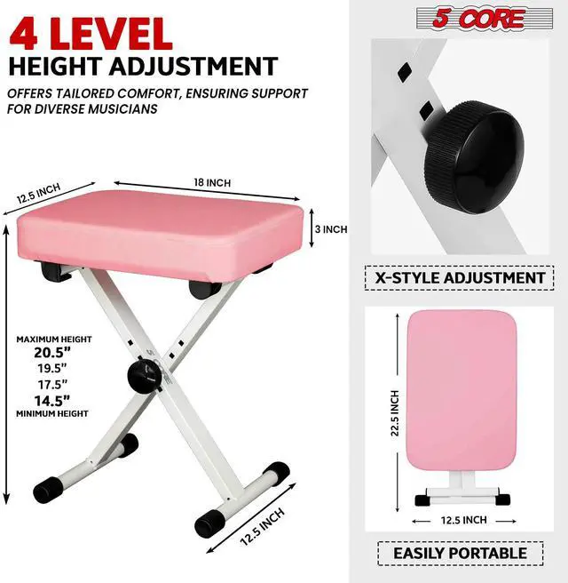 Alt view image 2 of 7 - 5 Core Keyboard Bench 3 Inch Padded Cushioned Piano Stool Height Adjustable Guitar Seat Heavy Duty Folding Portable Musician Chair W Nonslip Rubber Feet Pink - KBB PNK HD