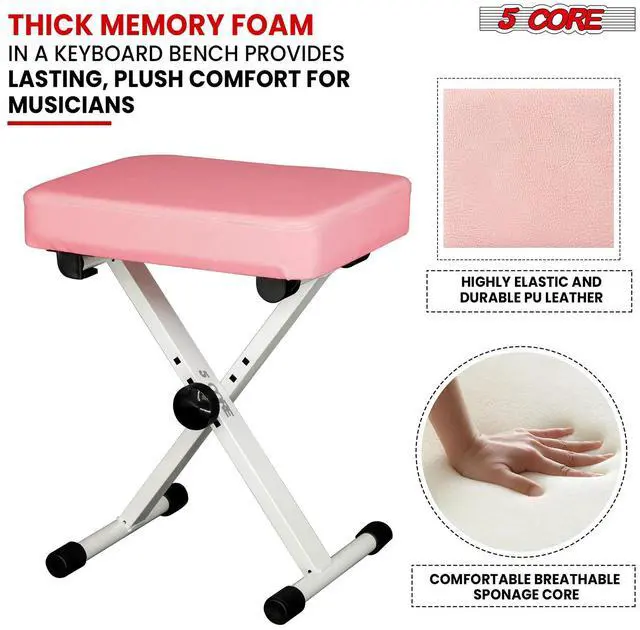Alt view image 3 of 7 - 5 Core Keyboard Bench 3 Inch Padded Cushioned Piano Stool Height Adjustable Guitar Seat Heavy Duty Folding Portable Musician Chair W Nonslip Rubber Feet Pink - KBB PNK HD